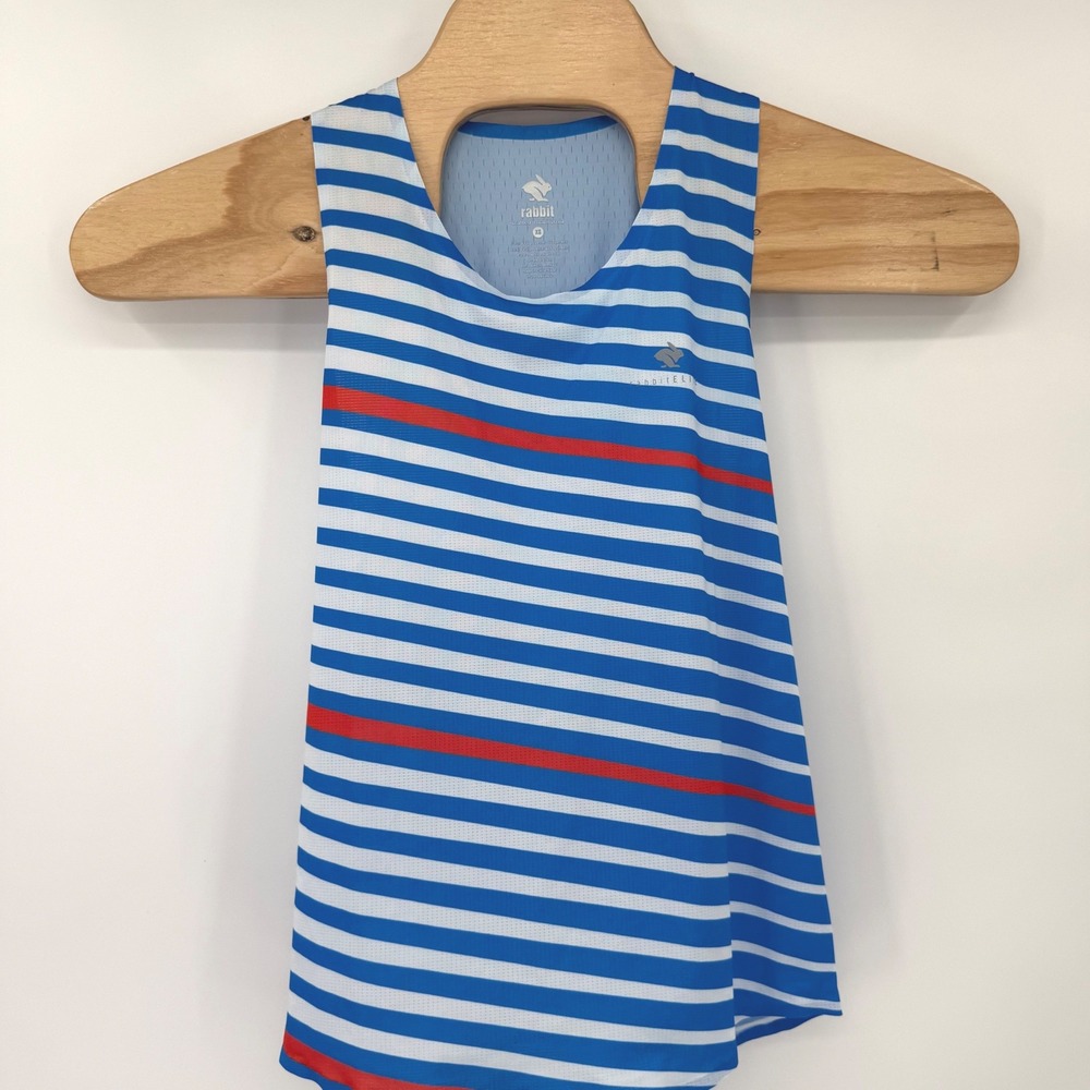 Rabbit Running Tank Women XS Blue Welcome to the Machine Striped Race Singlet
